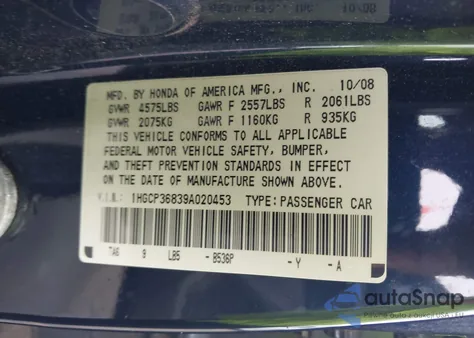 2009 Honda Accord 3.5 Ex-L from USA, damaged, VIN 1HGCP36839A020453